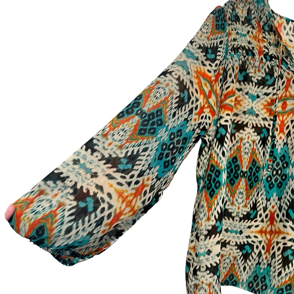 New Direction Medium Long Sleeve Multicolor Sheer Blouse V Neck Stretch - Picture 4 of 9